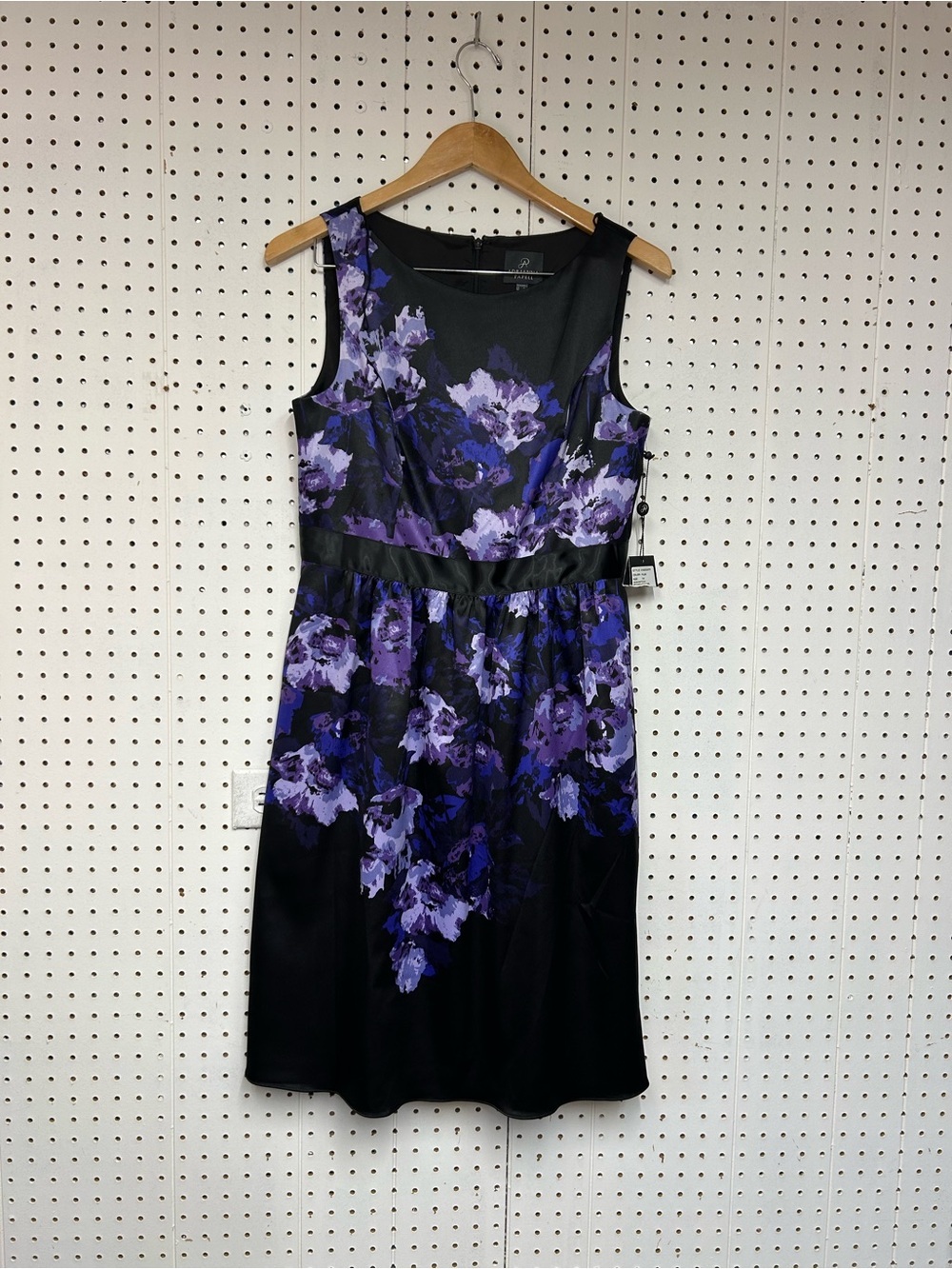 Adrianna Papell Satin Knee Length Black Dress with Purple Floral Print - Picture 1 of 5